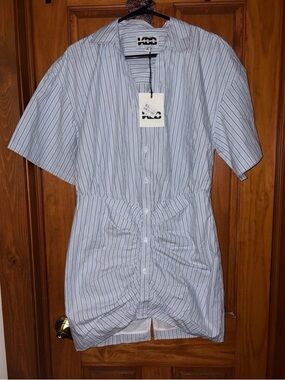 Large Women Short Sleeve Shirt Dress Blue & White Stripes Mini Length NWT